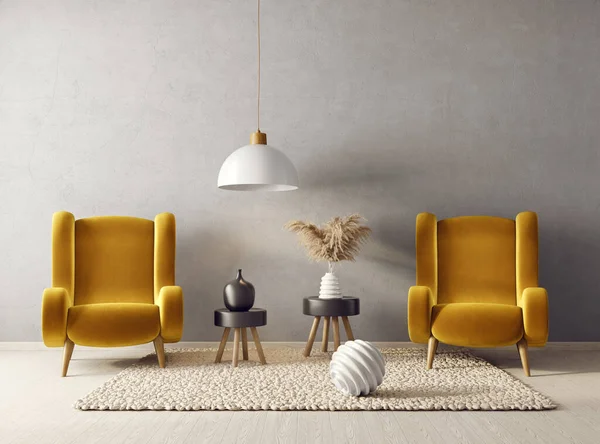 Сучасний Дизайн Внутрішнього Макіяжу Жовтим Кріслом Скандинавські Меблі Ілюстрація — стокове фото