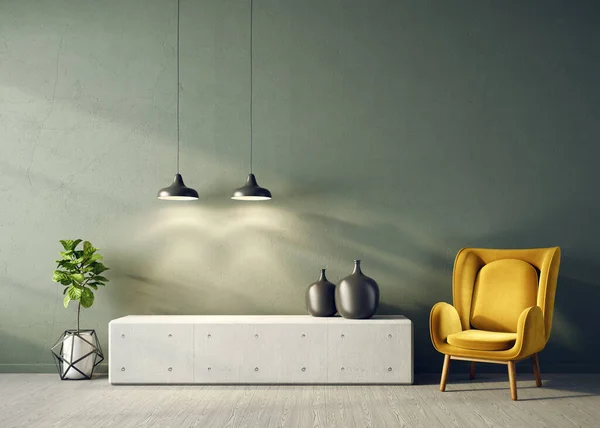 现代设计的内部模型与黄色扶手椅 斯堪的纳维亚家具 3D说明 — 图库照片
