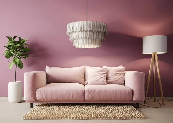 ピンクのソファとモダンなデザインのインテリアモックアップ 北欧家具 3Dイラスト — ストック写真