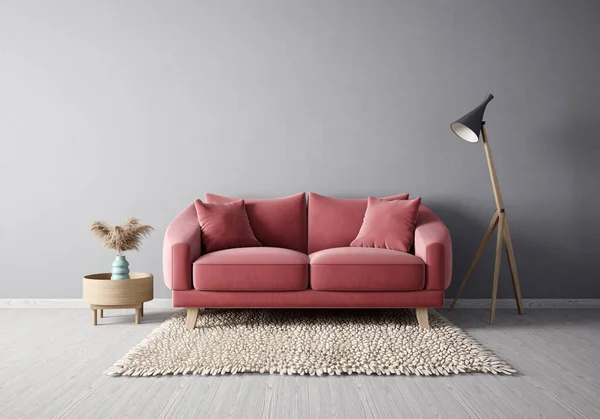 Interior Diseño Moderno Con Sofá Rojo Muebles Escandinavos Ilustración —  Fotos de Stock