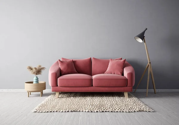 Modernes Interieur Mit Rotem Sofa Skandinavische Möbel Illustration — Stockfoto