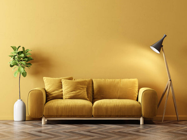 Modern design interior with yellow sofa and wall. Scandinavian furniture. 3d illustration