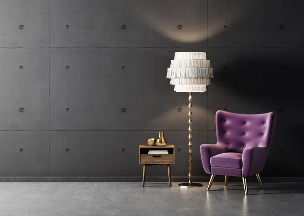 Intérieur Design Moderne Avec Fauteuil Violet Meubles Scandinaves Illustration — Photo