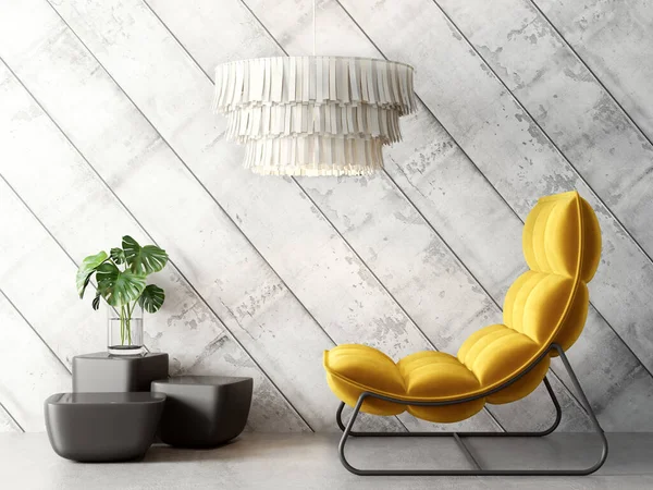 现代设计内饰与黄色扶手椅 斯堪的纳维亚家具 3D说明 — 图库照片