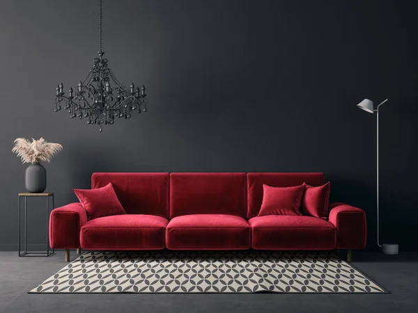 レッドソファ付きのモダンなデザインのインテリア 北欧家具 3Dイラスト — ストック写真
