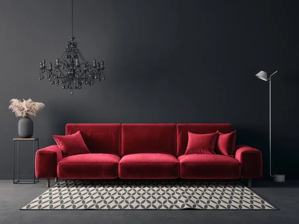 Interior Diseño Moderno Con Sofá Rojo Muebles Escandinavos Ilustración — Foto de Stock