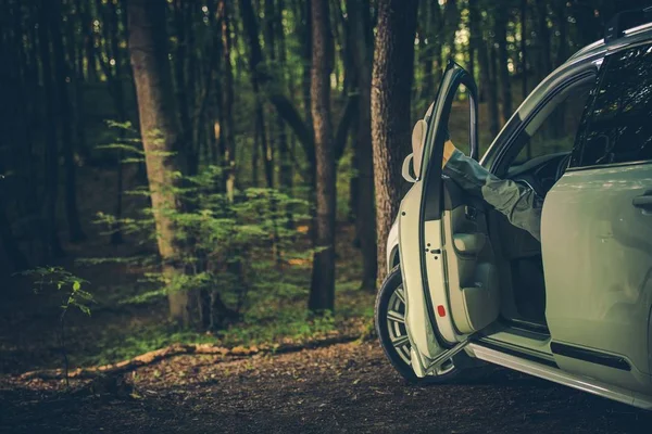 Businessman Relaxing Park Keeping Legs Out Car Window Escape City — Stock Photo, Image