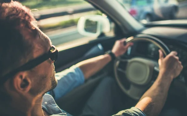 Men Steering Wheel Relaxing Road Trip Modern Car Shallow Depth — Stock Photo, Image