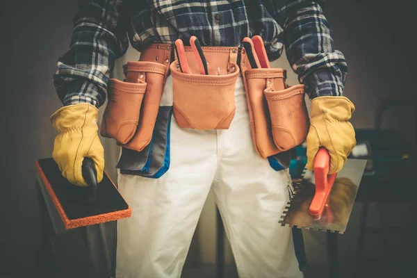 Empreiteiro Construção Duty Concept Photo Trabalhador Com Grande Cinto Ferramentas — Fotografia de Stock