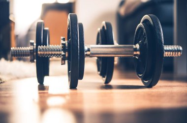 Dambıl yere. Ev jimnastik ve Fitness.