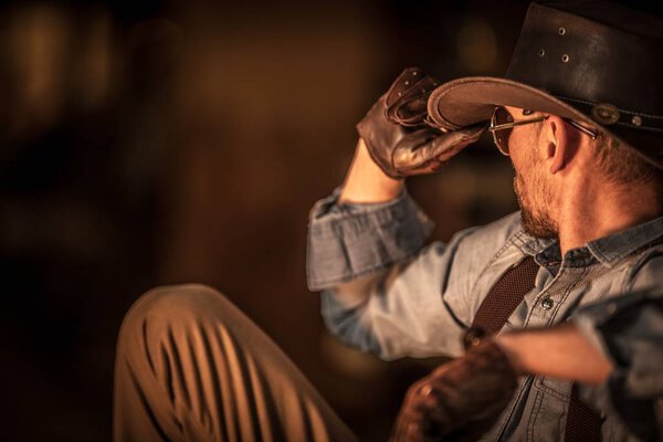 Resting American Cowboy After Hard Ranch Work. Countryside Theme.