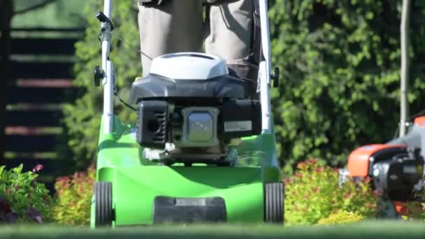 Travailleur Jardin Avec Machine Tondeuse Essence Tondre Herbe Arrière Cour — Video