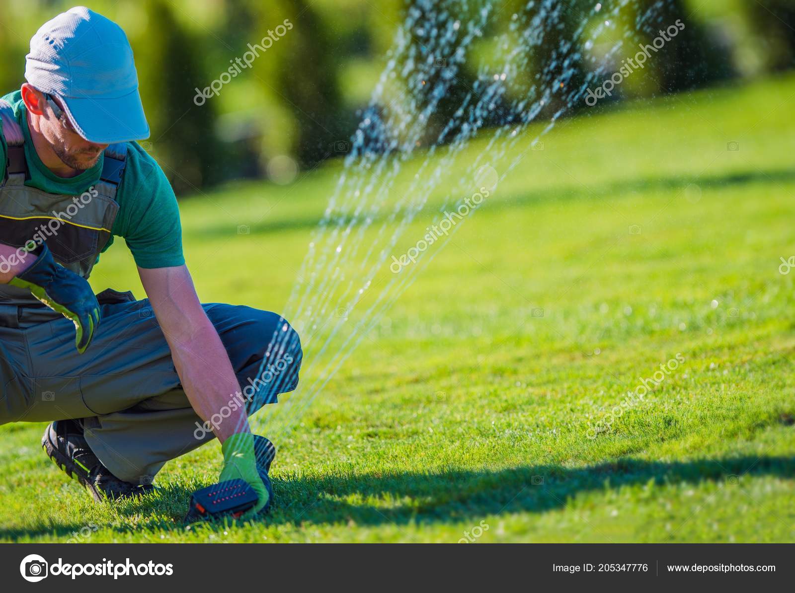 Lawn Sprinkler Installation Professional Technician Gardening Landscaping Theme Stock Photo by