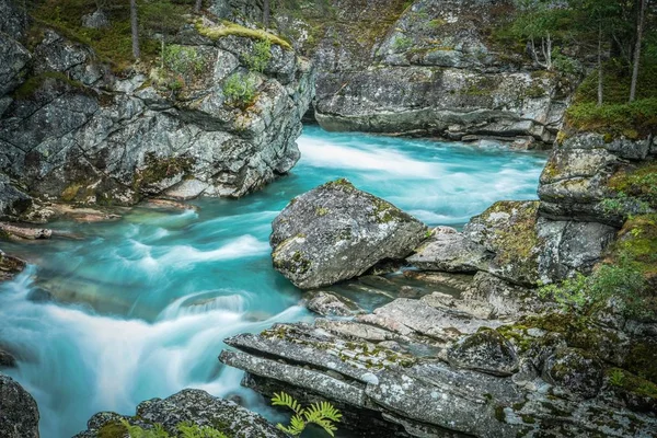 Rio Glacial Norueguês Cênico Dentro Desfiladeiro Rochoso — Fotografia de Stock