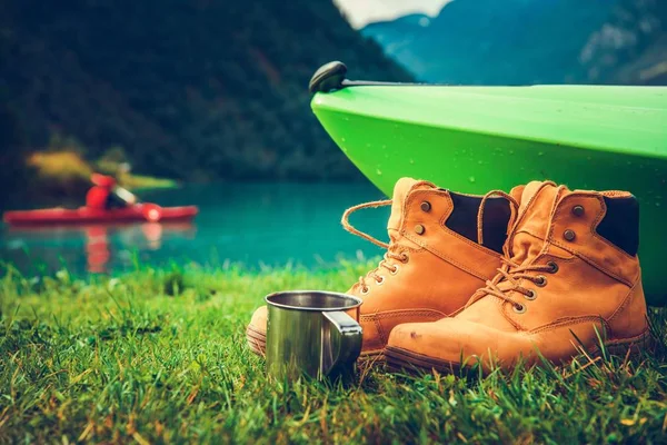 Waterfront Kayak Camping Concept Photo Kayak Trail Shoes Shore Kayaker — Stock Photo, Image