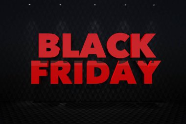 Kırmızı siyah Cuma 3d yazı koyu bir duvar. 3D render illüstrasyon.