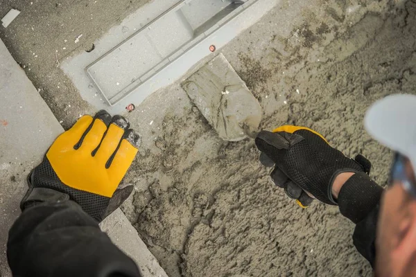 Bathroom Shower Floor Drain Installation Caucasian Specialist — Stock Photo, Image