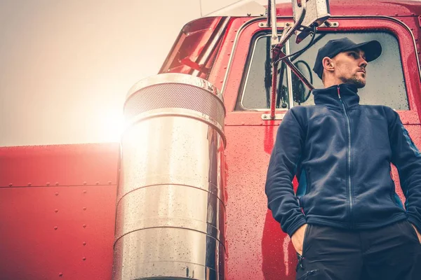 Semi Truck Driving Job Caucasian Men Front Red Truck — Stock Photo, Image