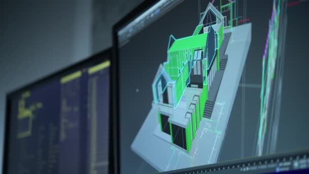 Telas Computador Dentro Estúdio Arquitetura Modelagem Casa — Vídeo de Stock