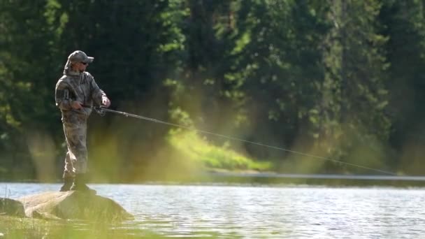 Caucasian Men Fly Fishing Slow Motion — Stock Video