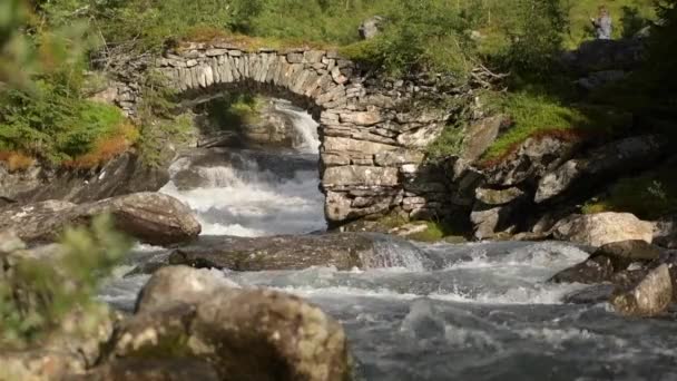 Scenic Escandinavo Rio Ponte Pedra Câmera Lenta — Vídeo de Stock