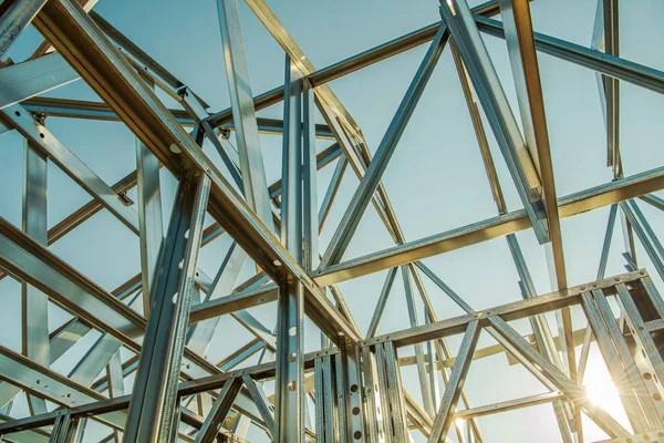 Stavební Ocelové Kostry Při Západu Slunce Moderní Budova Struktury Technologie — Stock fotografie