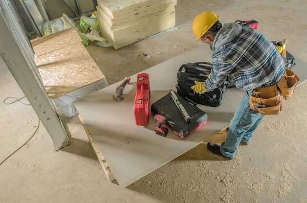 Trabajo Construcción Que Hacer Trabajador Caucásico Del Contratista 30S Dentro —  Fotos de Stock