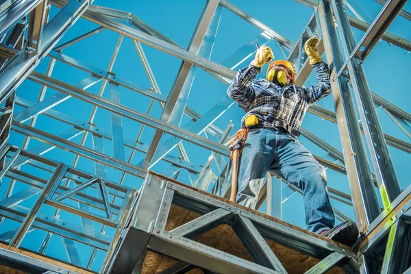 Steel Construction House Building Caucasian Contractor Walkie Talkie Hand Skeleton — Stock Photo, Image