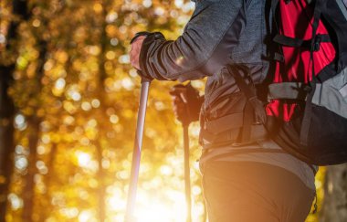 Sonbaharda yapraklar Trailhead. Sırt çantası ve Nordic Walking Polonyalılar doğal Trailhead üzerinde beyaz erkeklerle.