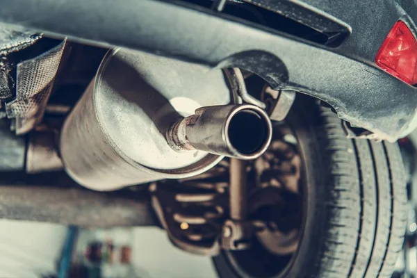 Car Emission Test Theme Modern Compact Car Muffler Closeup — Stock Photo, Image