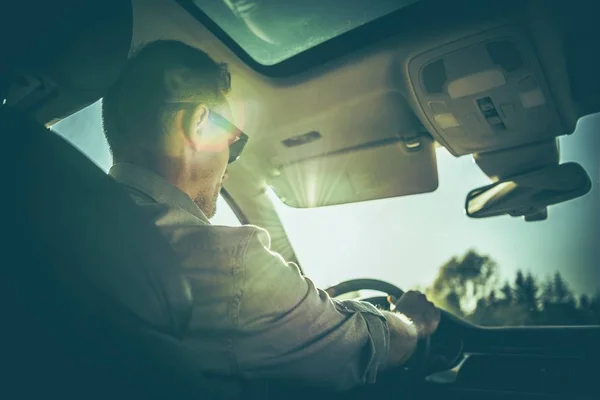 Men Wheel Caucasian Men Driving Modern Vehicle Automotive Theme — Stock Photo, Image