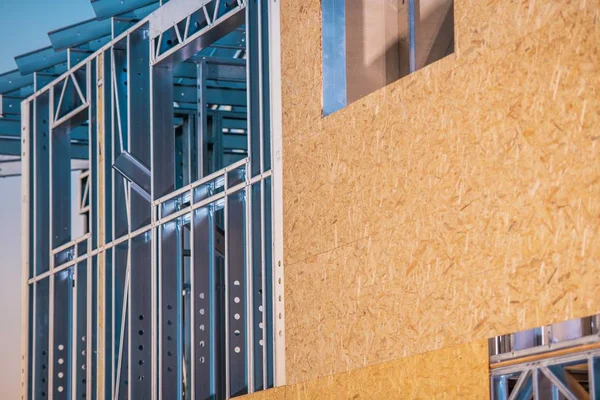 Skeleton Frame Residential Construction Closeup Photo Metal Frame Plywood Walls — Stock Photo, Image