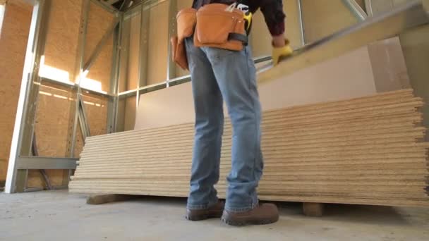 Kaukasiska Byggnadsarbetare Flyttar Plywood Styrelser — Stockvideo