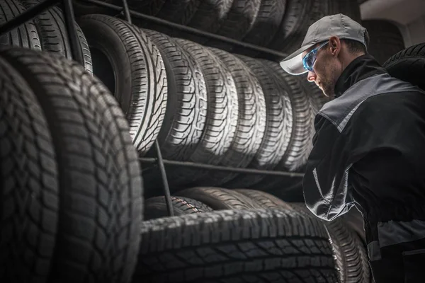 Service Worker with Power Tool Between Tires. Automotive Industry. Car Tires Sales and Repair. Vulcanizing Service