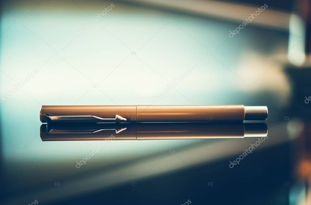 Elegant Pen on Glassy Desk. Executive Order Contract Signing Business Concept. 