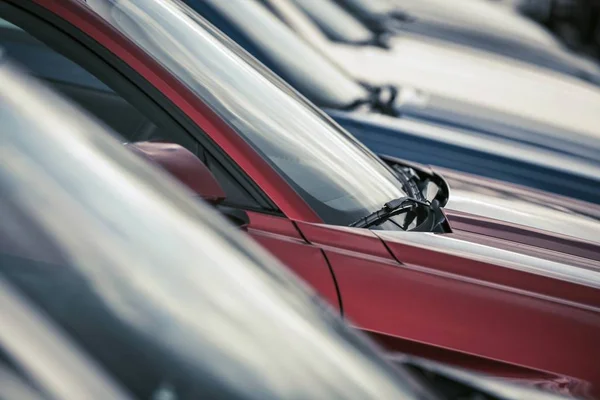 Automotive Industry Row Factory New Cars Dealership Parking Lot Closeup — Stock Photo, Image