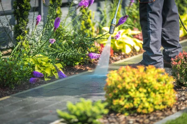 圧力洗浄庭パスのクローズ アップ写真 裏庭の庭の石畳の経路をクリーニング — ストック写真