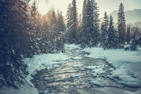 Doğal Kış Günbatımı Dağlarda Tarafından Ağır Kar Kaplı Manzara — Stok fotoğraf