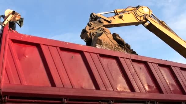 Excavadora Cargando Camión Volquete Servicio Pesado Con Suelo Sitio Construcción — Vídeos de Stock