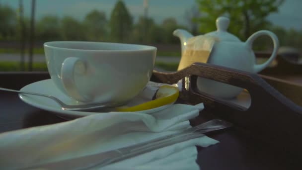 Sıcak Çay Içme Ağır Çekimde Doğal Gün Batımı Ile Dışarıda — Stok video