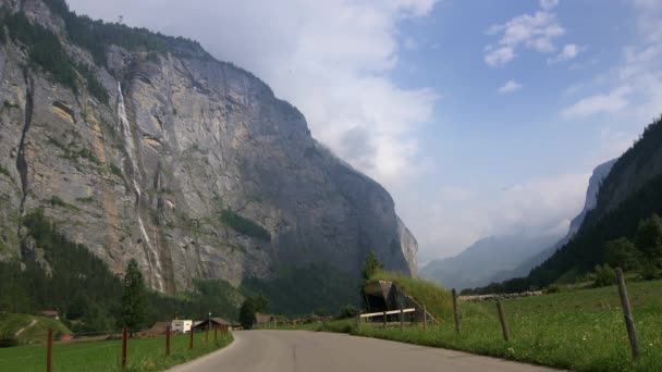 Stechelberg Zwitserland Scenic Jungfrau Regio Vallei Met Watervallen — Stockvideo