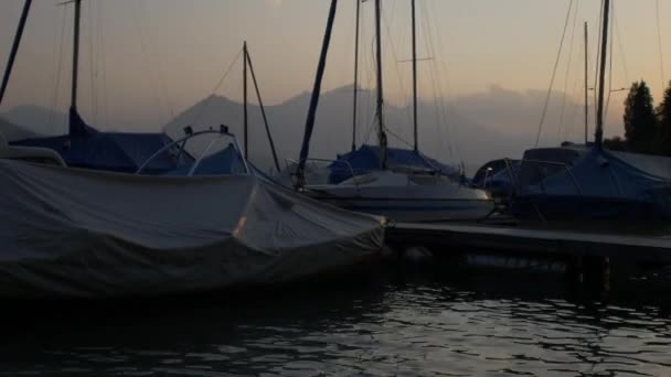 トゥーン湖の夕日 マリーナでボート ユングフラウ地域 スイス — ストック動画