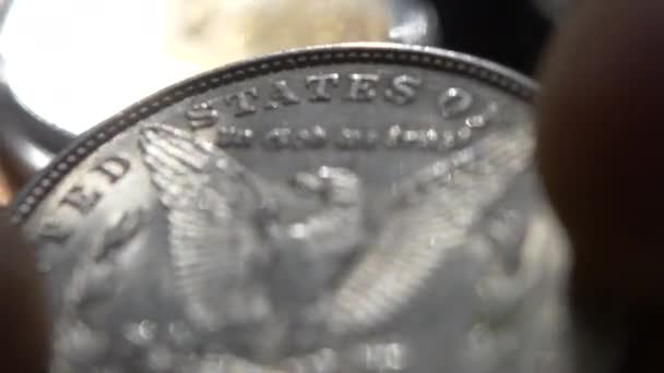 クローズ アップ マクロでアメリカのドル硬貨をチェックします 手でグッズコイン — ストック動画