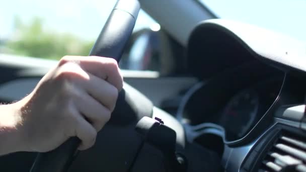 Mão Sobre Volante Carro Enquanto Dirige Fechar Vídeo — Vídeo de Stock