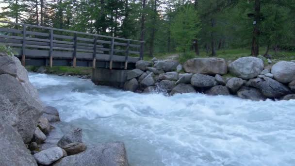 Wooden Bridge Mountain River Slow Motion Aosta Valley Italy — Stock Video