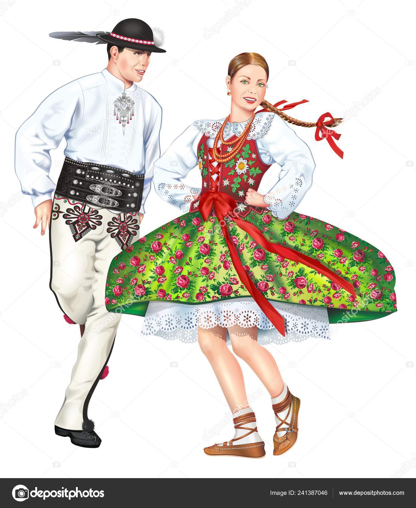 Dancing Polish Highlanders Wearing Traditional Costumes Isolated