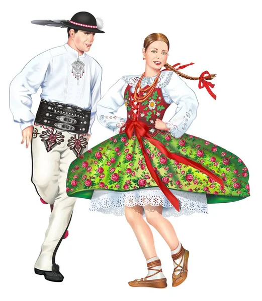 Dancing Polish Highlanders Wearing Traditional Costumes Isolated White Petite Pologne — Photo
