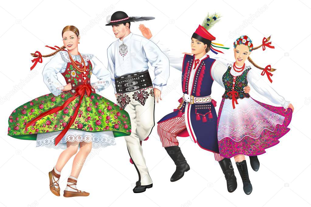 Krakowiacy and Gorale. Polish Folk Dancers From Podhale and Krakow Lesser Poland. 