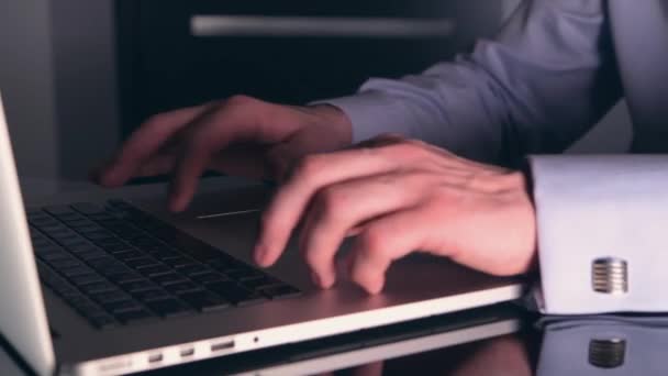 Men Working Laptop Computer Slight Camera Motion Glassy Desk — Stock Video