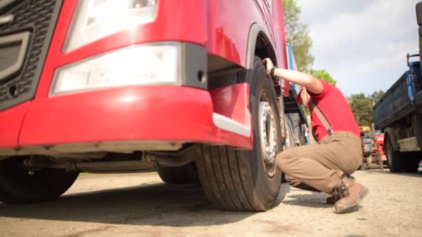 Autista di camion sulla trentina che fa un controllo rapido degli pneumatici. Trasporti Industria Filmati . — Video Stock